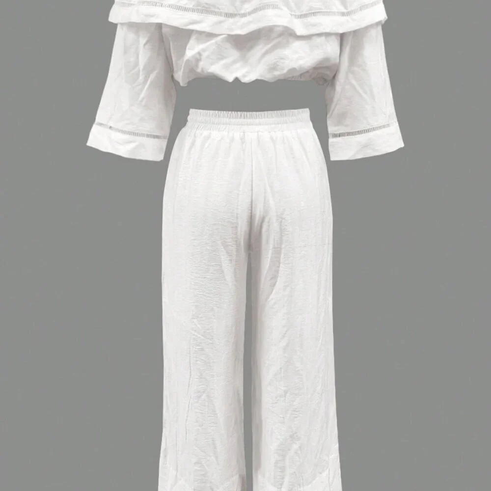 White Casual Women's Set Off-The-Shoulder Crop Top & Pants Set - Picture 3 of 5